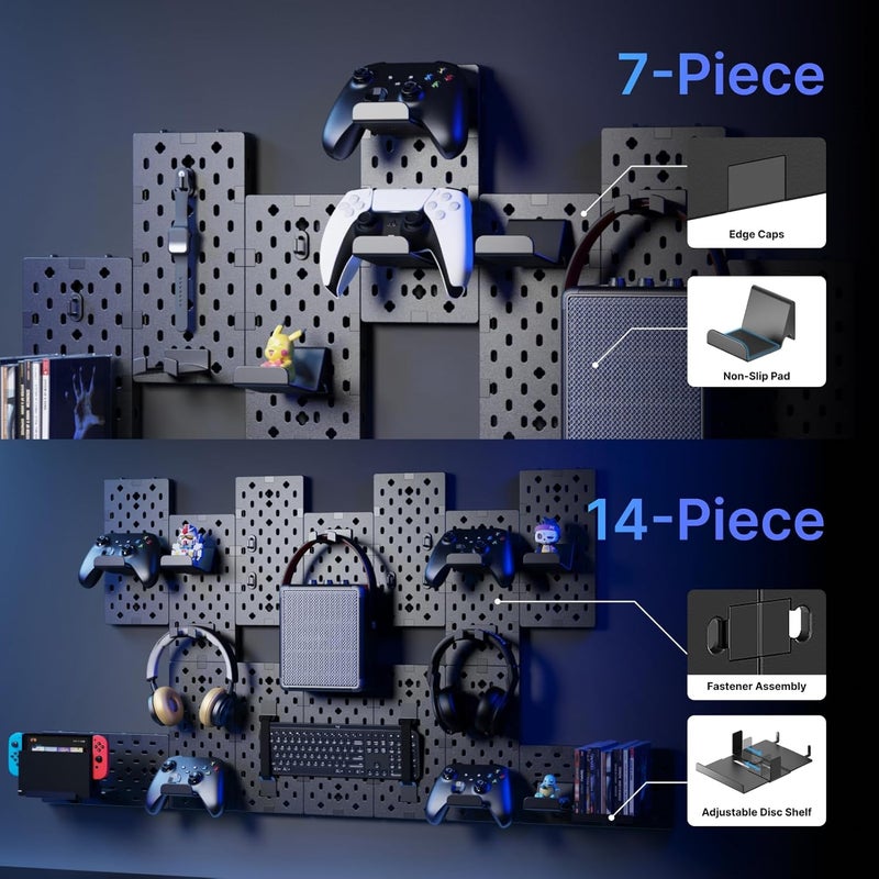 PEGZONE Controller and Headphone Holder Wall Mount, Modular Gaming Pegboard with Accessories, Controller Stand for Xbox PS5 PS4 Switch, Video Game Storage, Disc Shelf Organizer, 7pcs Pegboard, Black - Image 3